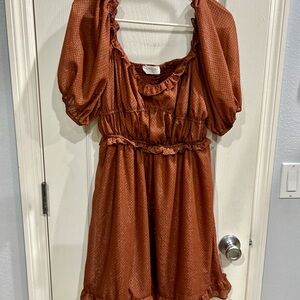 Elegant Rust Puff Sleeve Swiss Dot Mini Dress NWOT